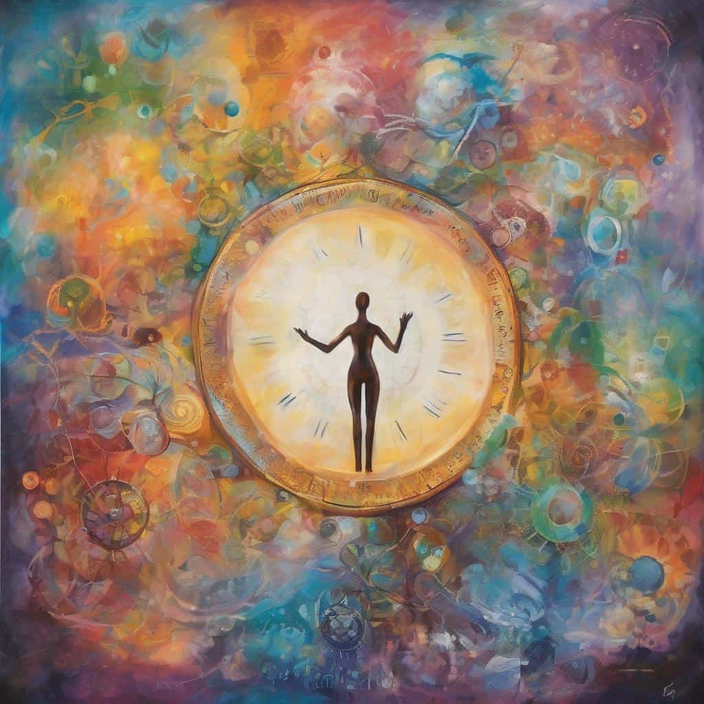 Ανθρώπινη φιγούρα μπροστά σε ρολόι, σύμβολο προσωπικής εξέλιξης και αυτοπεποίθησης.