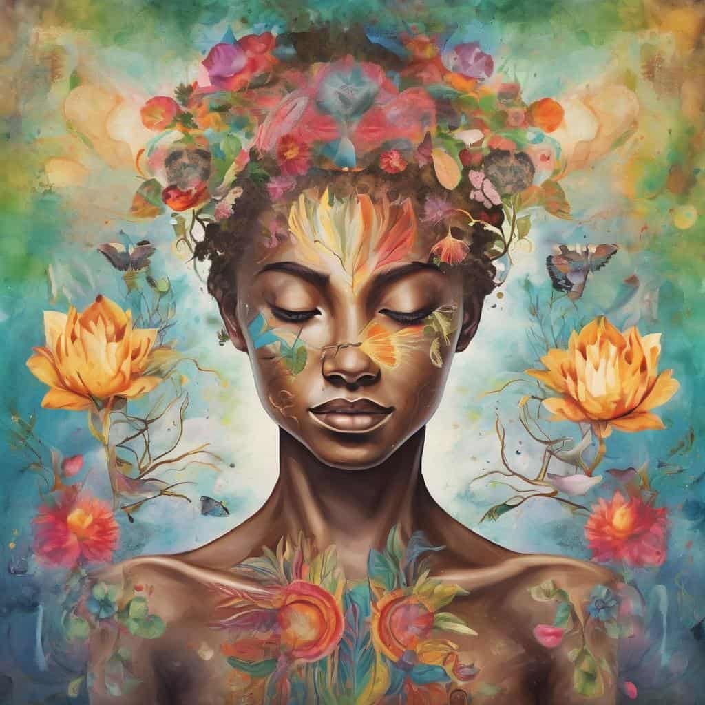 Άνθρωπος με έντονη εσωτερική ηρεμία και αυτοπεποίθηση, περιτριγυρισμένος από λουλούδια και πεταλούδες.
