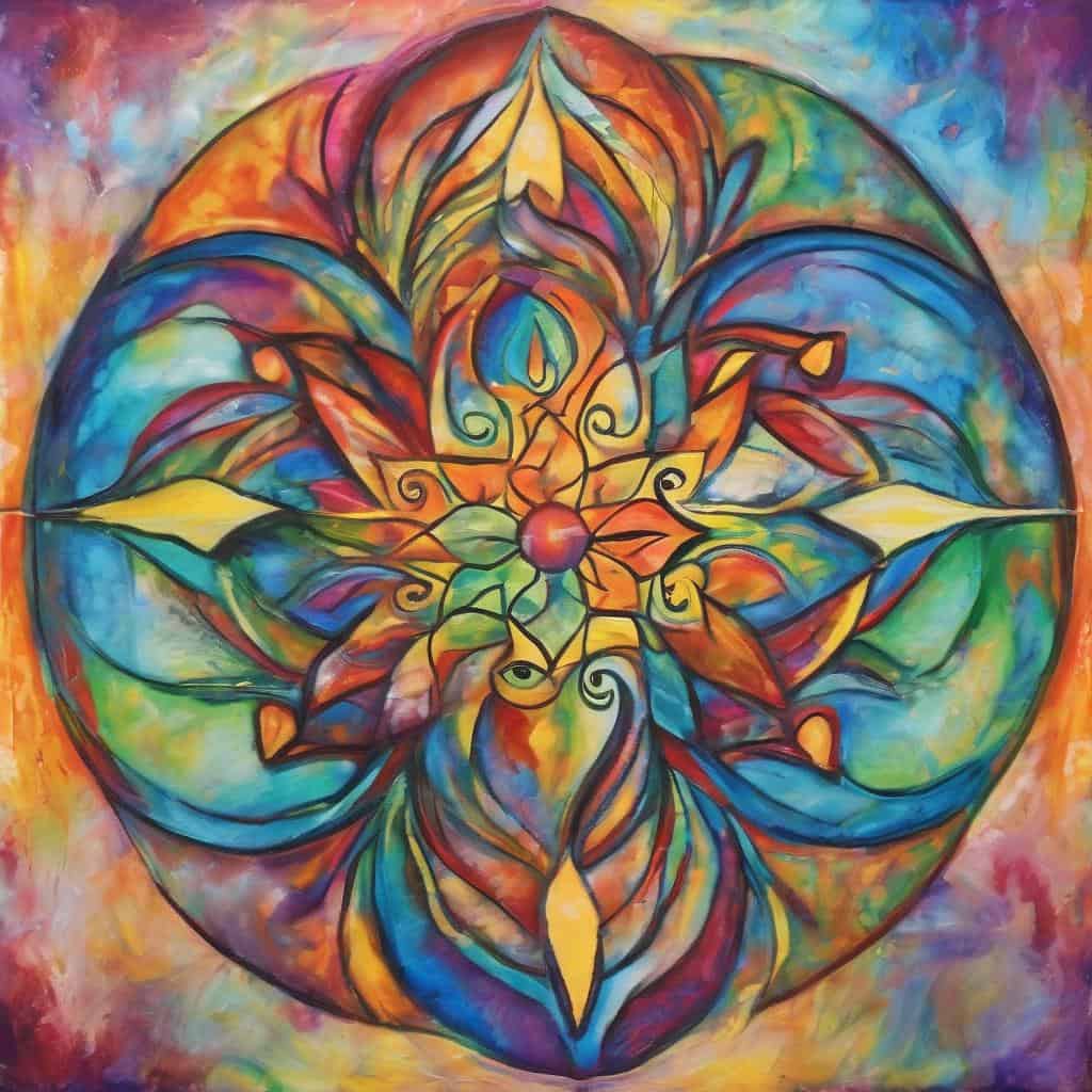 Ζωγραφιά με έντονα χρώματα και αφηρημένα μοτίβα για την προσωπική ανάπτυξη και αυτοβελτίωση.